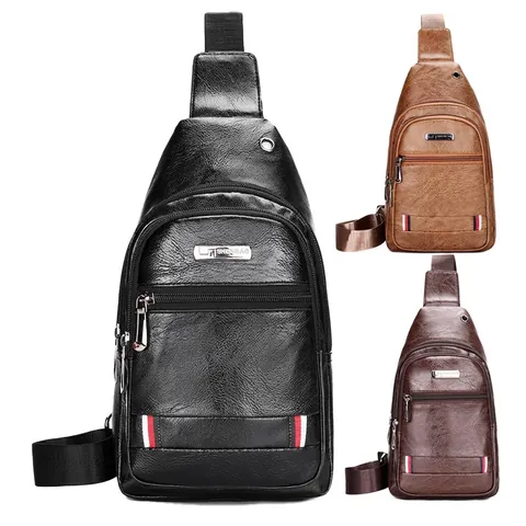 Herren Brusttasche Sling Umhängetasche PU Leder Lychee Muster Wasserdicht Business Casual Multi Taschen Mit Kopfhörerloch