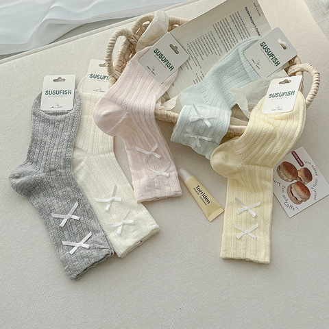 Calze Crew Donna Misto Cotone Maglia a Costine Fiocco Traspirante Dolce Stile Balletcore Calzetteria