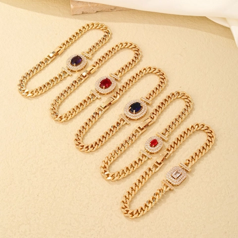 Luxury Cuban Link Bracelet With Oval Rectangle Colorful Cubic Zirconia Gold Plated Alloy Jewelry For Women Elegant Versatile