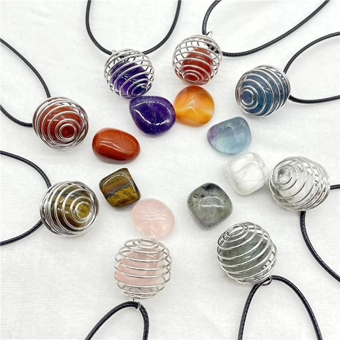 Collar De Jaula En Espiral De Piedra Natural Con Colgante De Aleación Amatista Cuarzo Rosa Y Cordón De Cera Negra