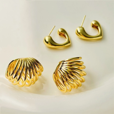 Copper Heart Stud Earrings And Multi Layer Hollow Ear Cuffs Geometric Metal Style Fashion Jewelry For Women