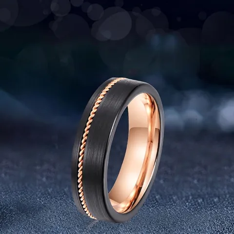 Anello In Acciaio Al Tungsteno Finitura Spazzolata Nera Interno Lucidato Oro Rosa Intarsio Corda Intrecciata Comfort Uomo