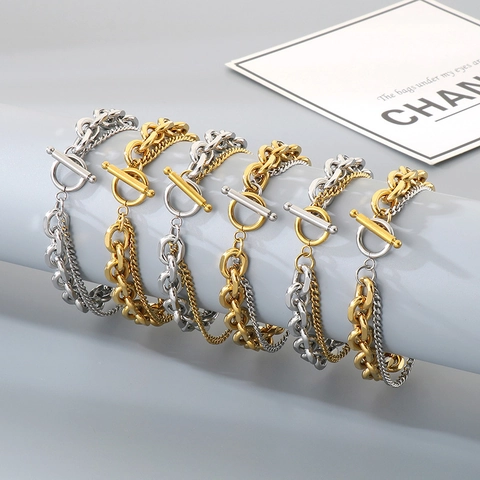 Double Layer Stainless Steel Chain Bracelet With Toggle Clasp Hip Hop Punk Fashion Jewelry For Men Women