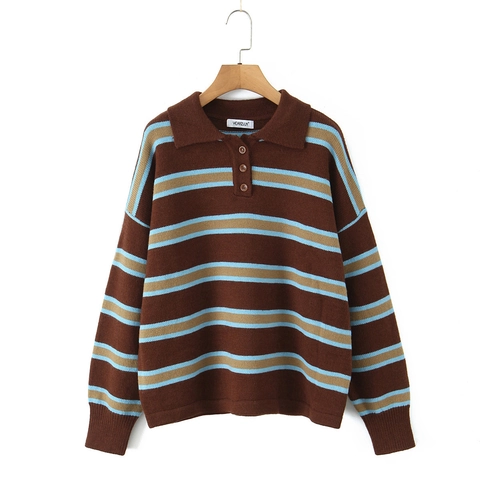 Striped Knitted Polo Sweater Long Sleeve Contrast Color Slim Fit Casual Retro Streetwear Pullover Top For Women
