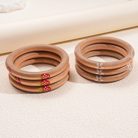 Bracelets Joncs Ronds En Bois Naturel Avec Motifs Fleurs Et Fraises Imprimés Bijoux De Niche Empilables Style Bohème Vacances
