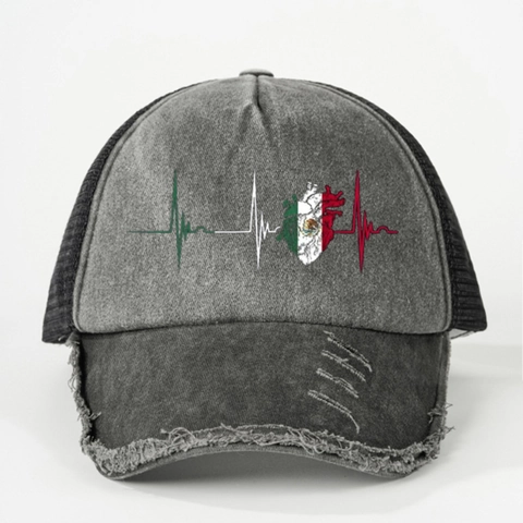 Vintage Distressed Trucker Hut Mexiko Flagge Herzschlag Mesh Baseballkappe Verstellbare Retro Ausgefranste Krempe