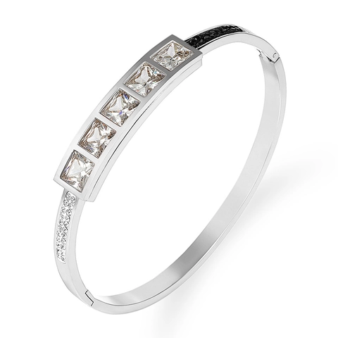 Stainless Steel Bangle Gold Plated With Square Zirconia And Black White Rhinestones Hinged Clasp Fashion Jewelry For Women