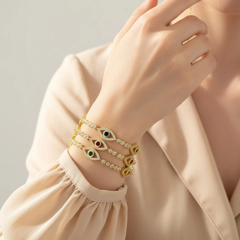 Pulsera Deslizante Ajustable Evil Eye Cobre Chapado En Oro 18K Circonita Cúbica Joyería Colorida Regalos Para Mujeres Boho