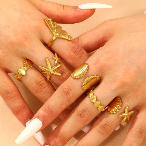 Stainless Steel Ocean Open Ring For Women Starfish Shell Ginkgo Leaf Adjustable Summer Beach Jewelry Finger Ring
