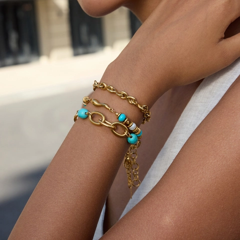 Bracciale Impilabile In Acciaio Inossidabile Placcato Oro Turchese Perla Artificial Gioielli Di Lusso Donna