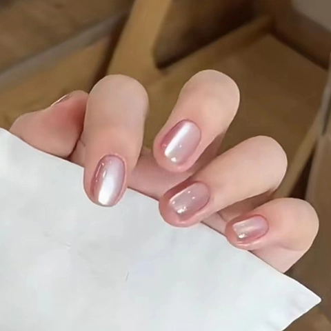 Rosa Transparente Cat Eye Press On Nails Abnehmbare Quadratische Künstliche Fingernägel Kristall Perlglanz Glänzend