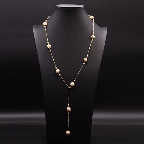 Collier Long Perle d'Eau Douce Forme Y Plaqué Or Fait Main Enveloppé de Fil Vintage Élégante Chaîne de Pull Pour Femmes