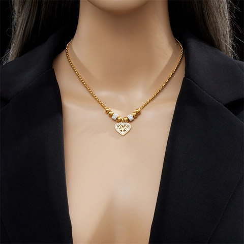 Lebensbaum Herz Anhänger Halskette Für Damen Titanstahl Vergoldet Zirkon Eingelegt Eleganter Schmuck Geschenk
