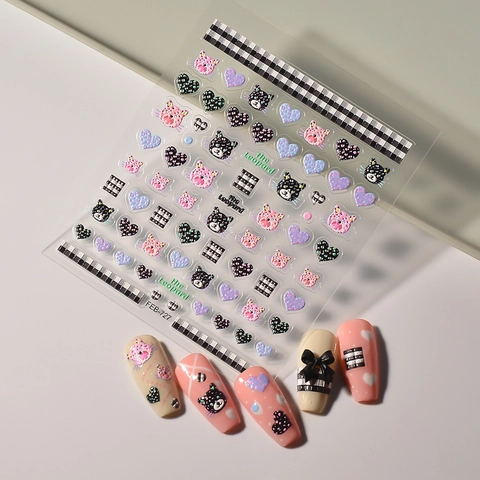 Relief Nagelsticker Leopardenmuster Cartoon Katze Herz Schachbrett Selbstklebende Abziehbilder Für Frauen DIY Maniküre