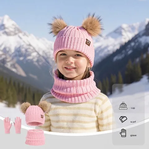 Children Winter Knit Hat Scarf Gloves Set Acrylic Double Pom Pom Warm Fleece Lined Outdoor Beanie For Boys Girls