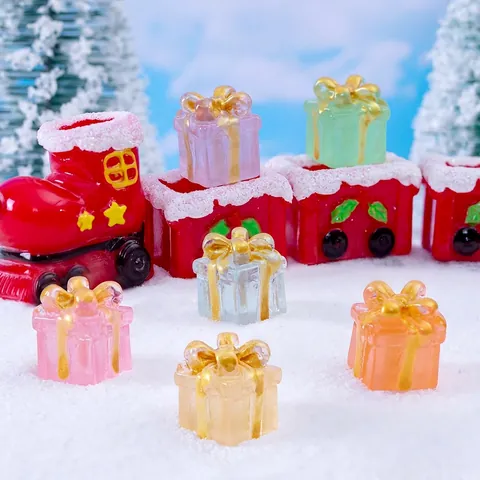 Miniature Christmas Gift Box Ornaments Resin Luminous Glow In The Dark Gold Ribbon DIY Micro Landscape Decor