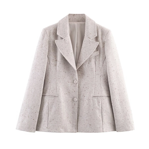 Elegante Dames Tweed Blazer Jas Lange Mouwen Revers Single Breasted Slim Fit Havermout Getextureerde Casual Bovenkleding