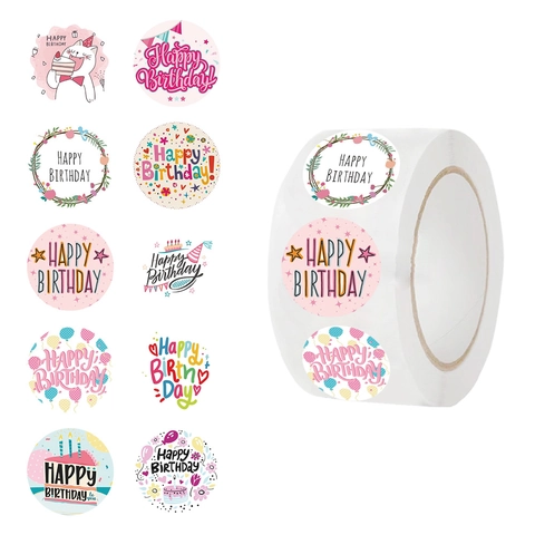Round Cartoon Happy Birthday Stickers Roll For Gift Wrapping Envelope Sealing DIY Scrapbooking Decoration Party Supplies