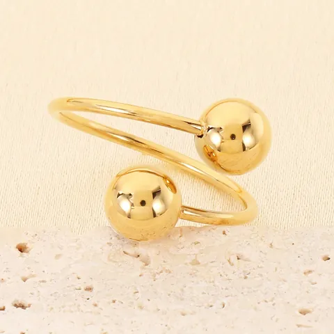 Bague Ouverte Minimaliste Double Boule Acier Inoxydable Plaqué Or 18K Ajustable Géométrique Bijoux Mode Pour Femmes