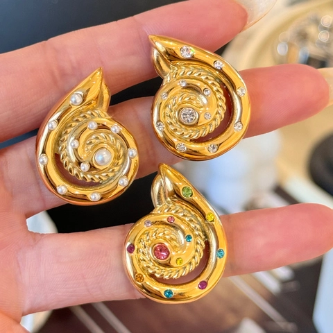 Spiral Snail Shell Stud Earrings Gold Plated Stainless Steel With Artificial Pearl Colorful Cubic Zirconia Vintage Women