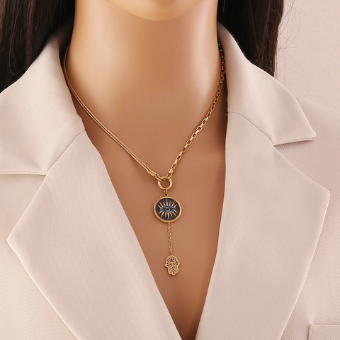 Evil Eye Anhänger Halskette Edelstahl Vergoldet Hamsa Hand Blauer Rheinstone Mehrlagige Kette Modeschmuck Damen