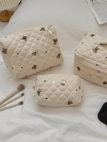 Borse Per Trucco In Velluto A Coste Trapuntato Organizzatore Da Viaggio Portatile Ricamo Orso Cartone Animato Grande Capacità Per Donne Ragazze