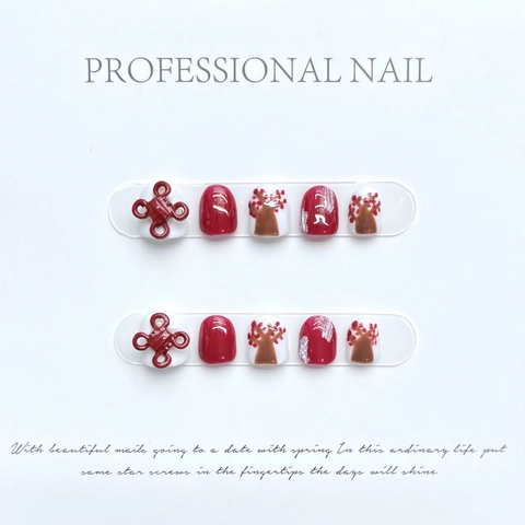 Handgemaakte Press On Nagels 3D Chinese Knoop Rood Wit Bloemen Schattige Korte Ronde Kunstnagels Voor Kinderen