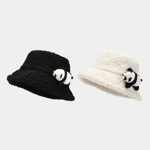 Cappello Da Pescatore Con Decorazione Panda In Lana D'agnello Da Donna Inverno Caldo Peluche Antivento Casual Morbido