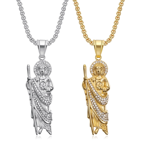 Collana Con Pendente San Giuda Taddeo Acciaio Inossidabile 316L Placcato Oro Gioielli Religiosi Con Strass Uomo Donna