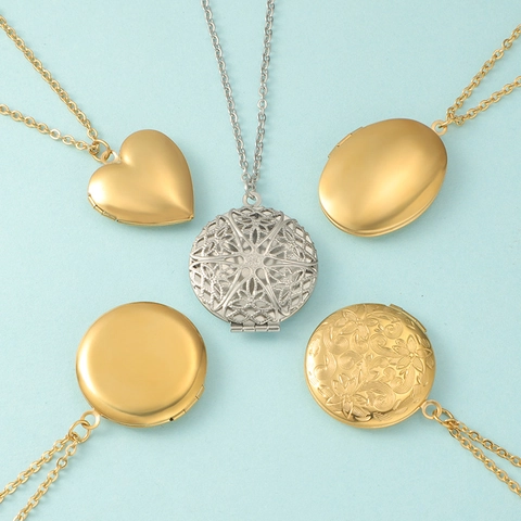 Locket Necklace 316L Stainless Steel Openable Photo Frame Heart Round Oval Shape Engraved Floral Mirror Polished Jewelry For Women