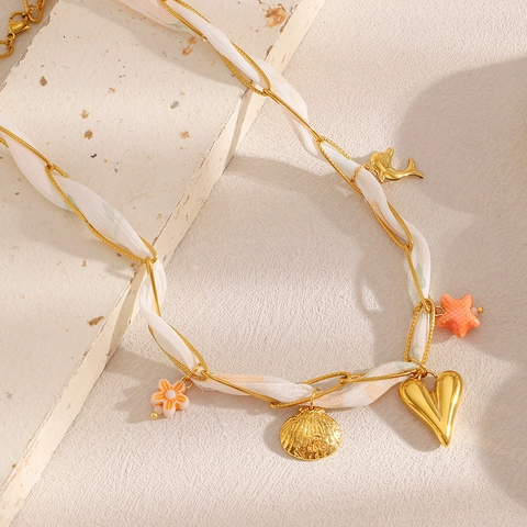 Collana In Acciaio Inossidabile Placcato Oro 18K Ciondoli Cuore Stella Marina Intrecciata Con Nastro In Tessuto Bianco Moda Mare