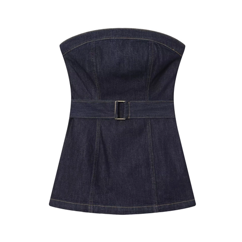 Top A Tubo In Denim Da Donna E Pantaloni A Zampa Blu Indaco Con Cintura Cuciture A Contrasto Completo Moda