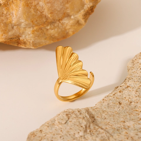 Anillo De Hoja De Ginkgo Minimalista De Acero Inoxidable Chapado En Oro Ajustable Joyería De Moda Para Mujer