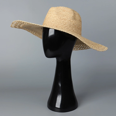 Women Wide Brim Raffia Fedora Hat Summer Beach Straw Sunshade Hollow Out Edge Hand Woven Jazz Style Fashionable Elegant