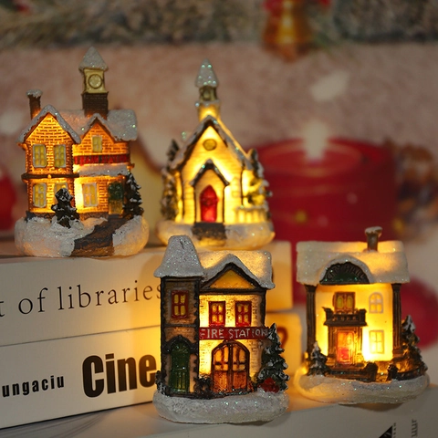 Miniatur Weihnachten Leuchtende Harz Haus Ornamente Schnee Dorf LED Licht Festliche Desktop Deko Urlaub Xmas Party