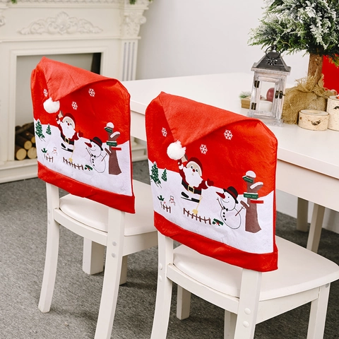 Christmas Chair Back Covers Non Woven Fabric Santa Claus Snowman Printed Red White Festive Dining Room Table Decor