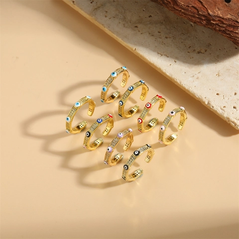 14K Gold Plated Copper Evil Eye Open Ring For Women Adjustable Enamel Zirconia Finger Ring Trendy Geometric Jewelry Gift
