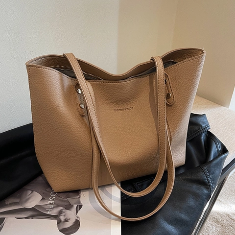 Große Kapazität Tote Bag Damen PU Leder Litschi Muster Einfache Freizeit Pendeln Schultertasche Nieten
