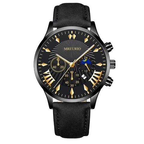 Men Quartz Watch Alloy Case Leather Strap Multi-Function Chronograph Business Fashion Date Display Moon Phase Design