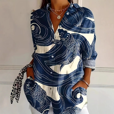 Women Long Sleeve Blouse Polyester Spandex Printed Button Down Shirt Loose Casual Holiday Lapel Top For Women