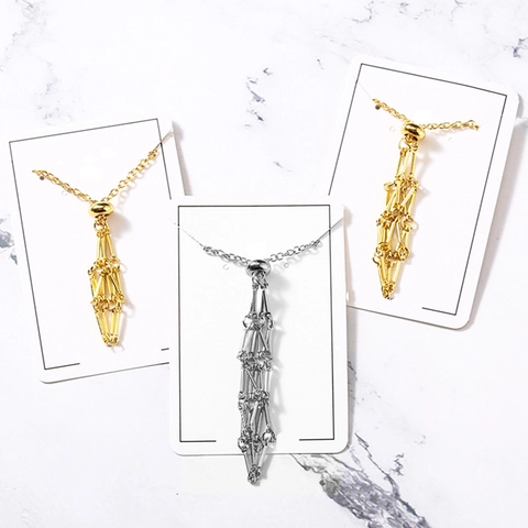 Metal Mesh Pouch Pendant Necklace Natural Crystal Raw Stone Holder Adjustable Geometric Alloy Jewelry For Women