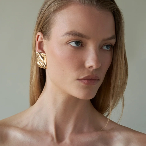 Stainless Steel 18K Gold Plated Wavy Texture Geometric Square Stud Earrings For Women Minimalist Waterproof Hypoallergenic Jewelry