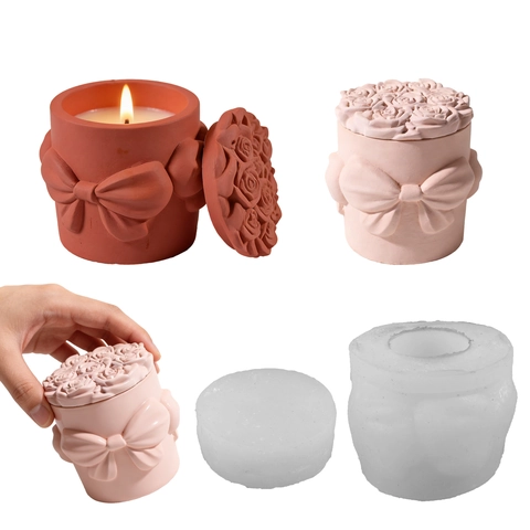 Rose Floral Relief Storage Box Silicone Mold Bowknot Design DIY Candle Jar Resin Casting Crafts Jewelry Organizer