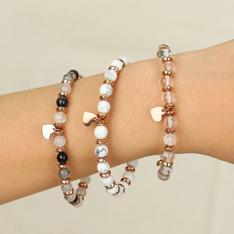 Handgemachtes Naturstein Perlen Armband Mit Roségold Legierung Herz Anhänger Elastisches Stretch Armband Für Damen Vintage Modeschmuck