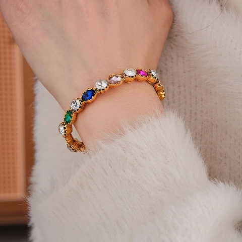 Bracciale Aperto Ovale Vintage Lega Strass Colorati Gioielli Di Moda Retrò Per Donne