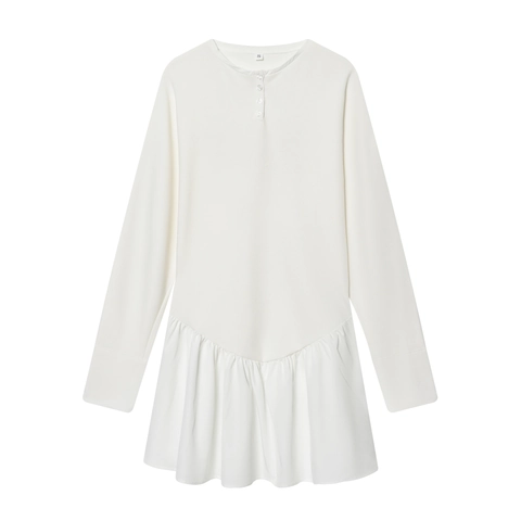 Vestido Corto Mujer Manga Larga Dobladillo Volantes Color Sólido Cuello Henley Patchwork Casual Suelto Elegante Blanco