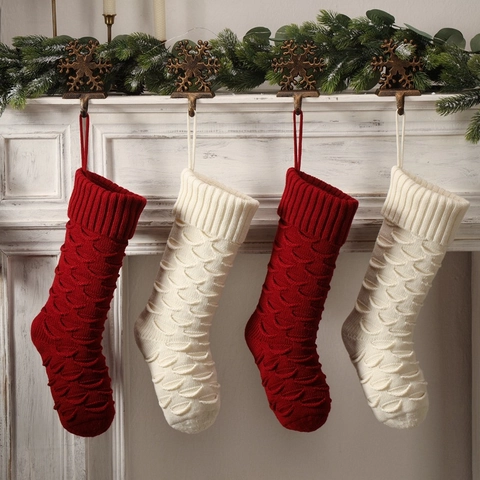 Gestrickter Weihnachtsstrumpf Acryl Fischschuppen Muster Hanging Feiertag Kamin Deko Geschenkbeutel