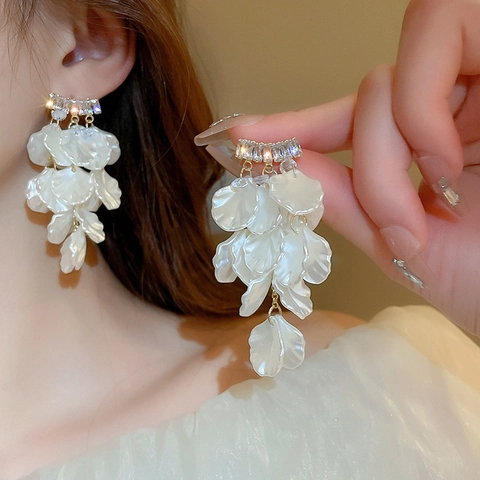 Orecchini Pendenti A Fiore Con Perno In Argento Zirconia Cubica Petali Stratificati Stile Dolce Elegante Per Donna