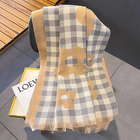 Women Thick Imitation Cashmere Scarf Checkerboard Floral Pattern Winter Warm Shawl With Fringes Jacquard Knitted Scarf Wrap