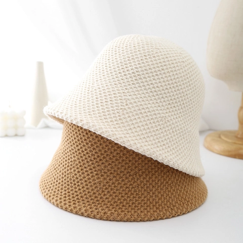 Women Knitted Bucket Hat Solid Color Foldable Outdoor Travel Portable Polyester Crochet Fisherman Hat Sunshade